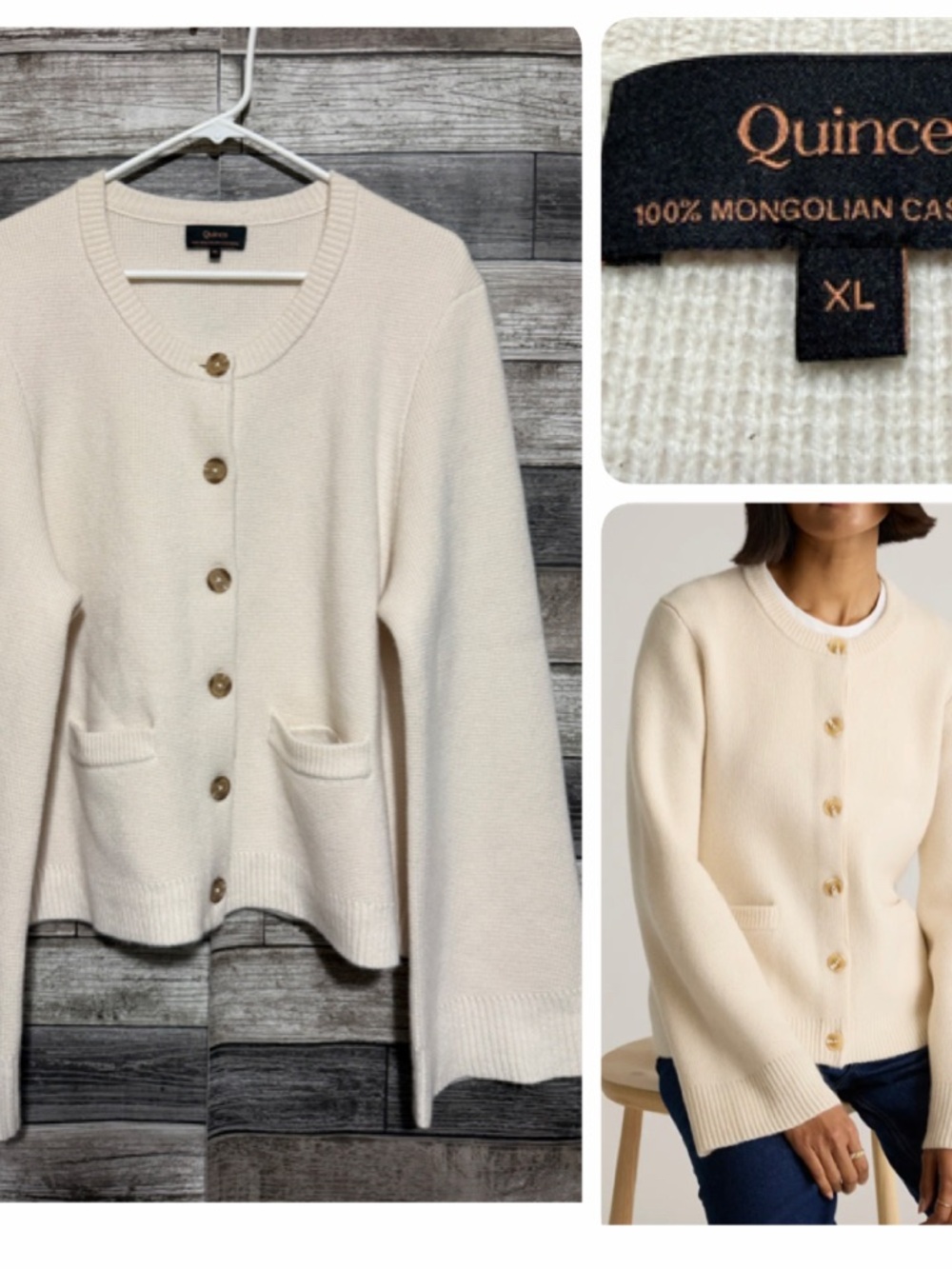 Quince Mongolian Cashmere Structured Cardigan Sweater Women’s XL Ivory Buttons